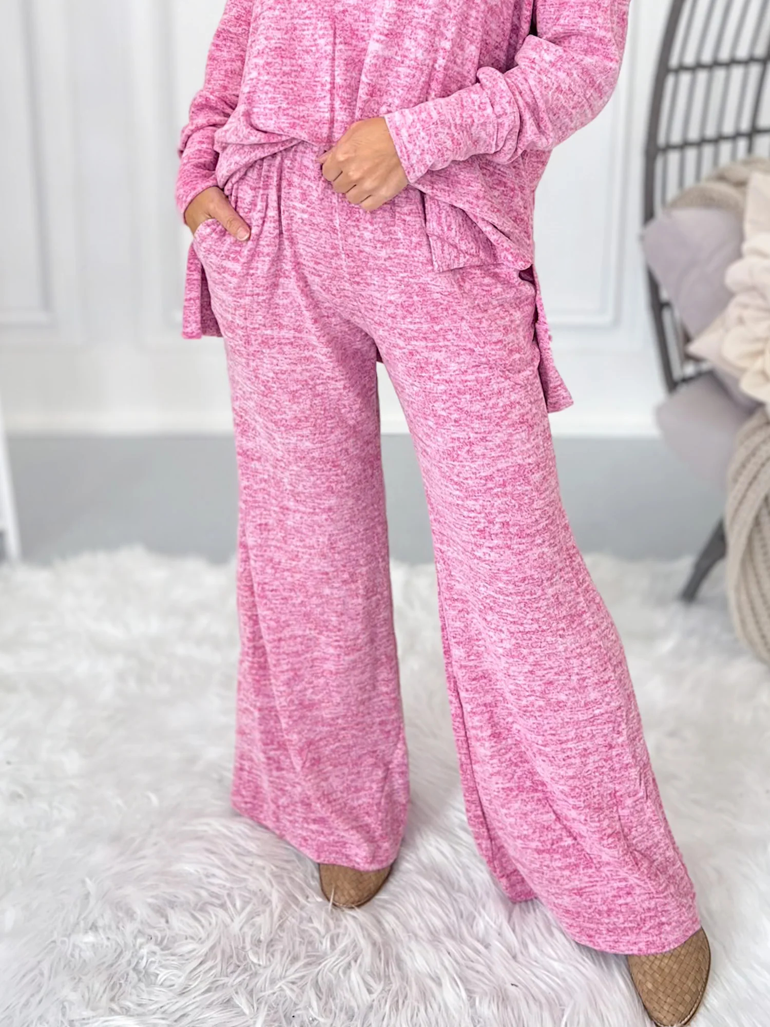 Women's Soft Knit Fold Boat Neck Top and Pants Lounge Set