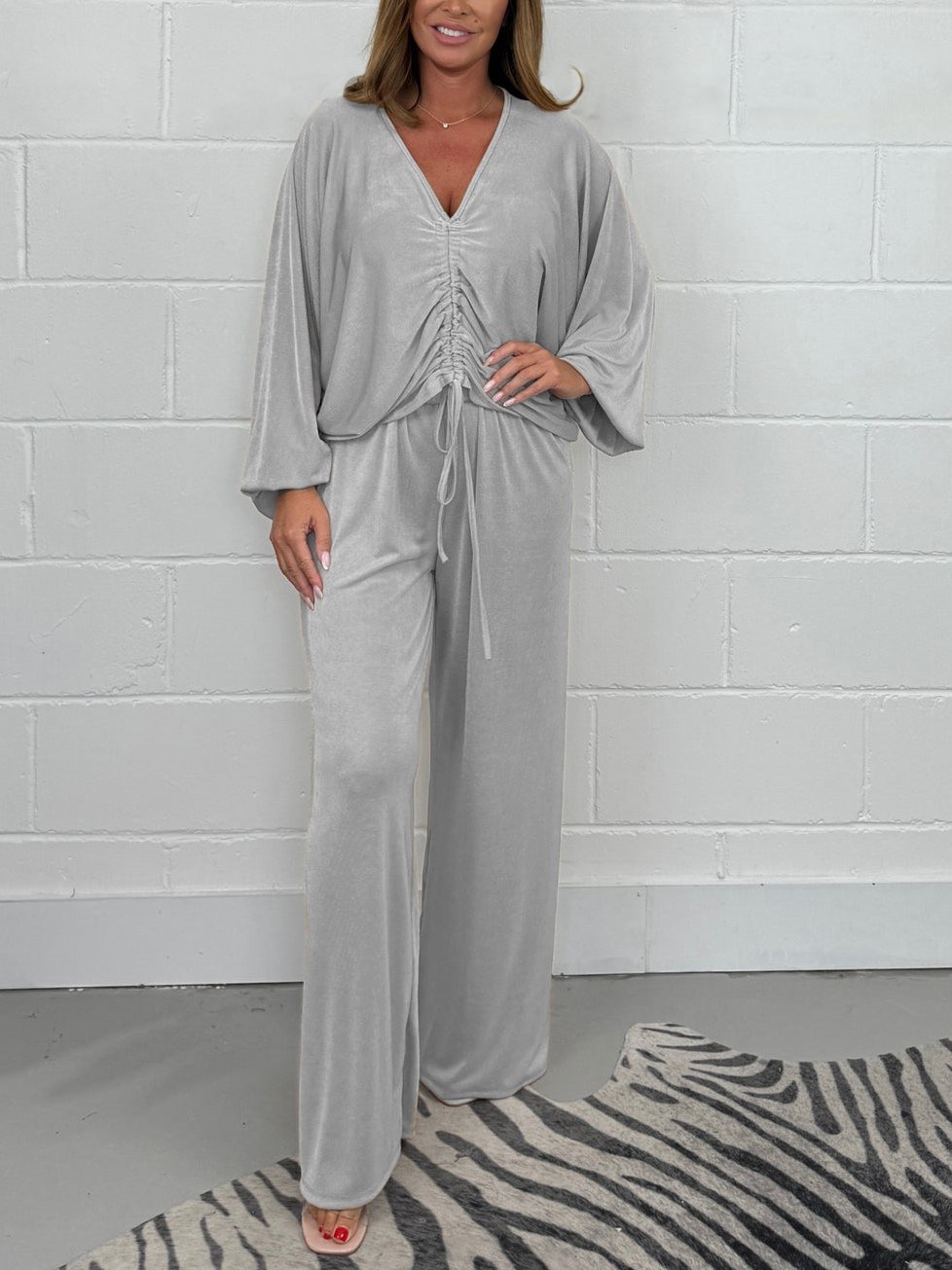 Ruched Drawsting Top & Wide Leg Pants Lounge Set