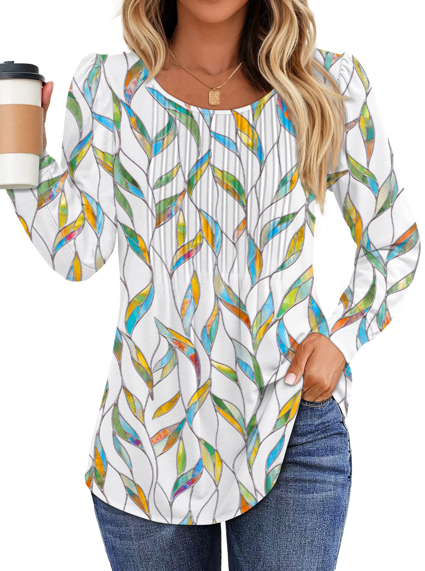 Women's Printed Long Sleeve Pleated Front Tunic Tops