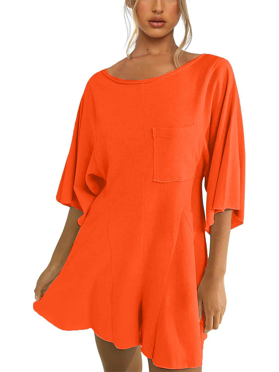 Women's Short Sleeve Loose Ruffled Short Romper Dress with Pocket
