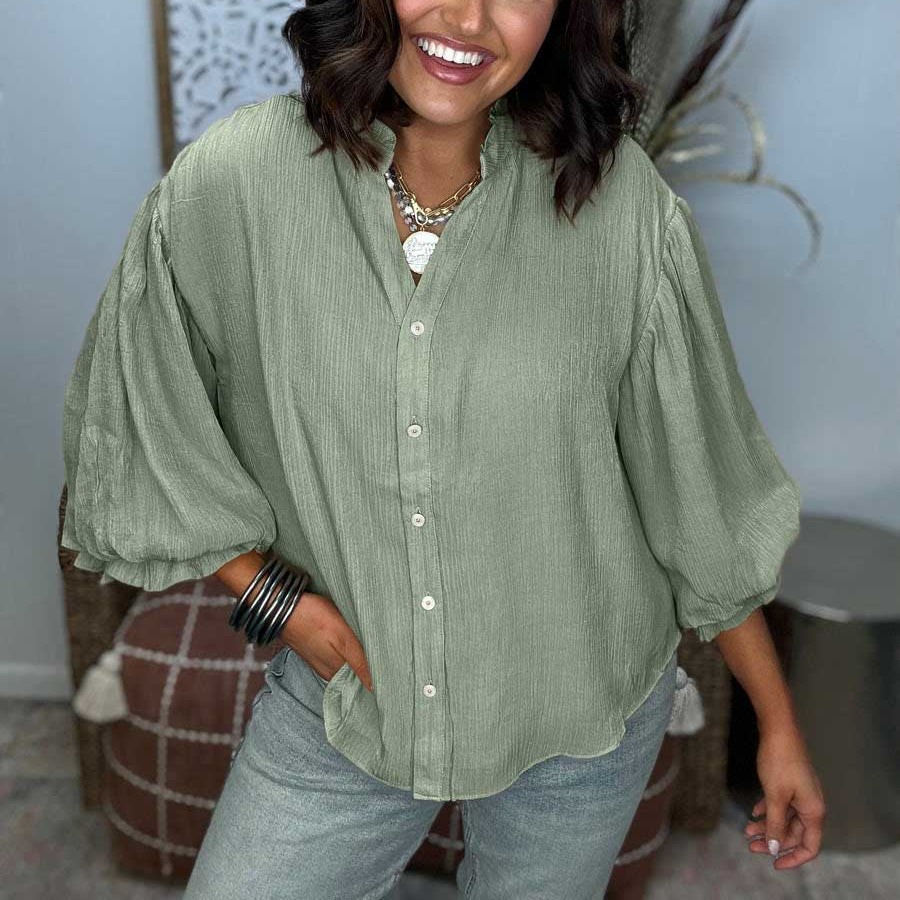 Puff Sleeve Woven Button Down Shirt