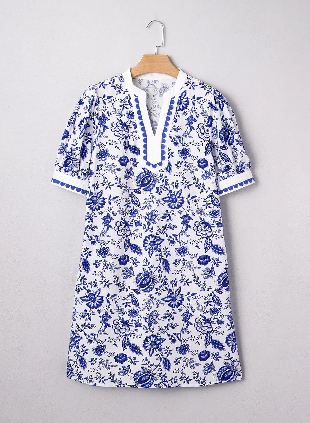 Women's Floral Print V Neck Ricrac Trim Puff Sleeve Dress