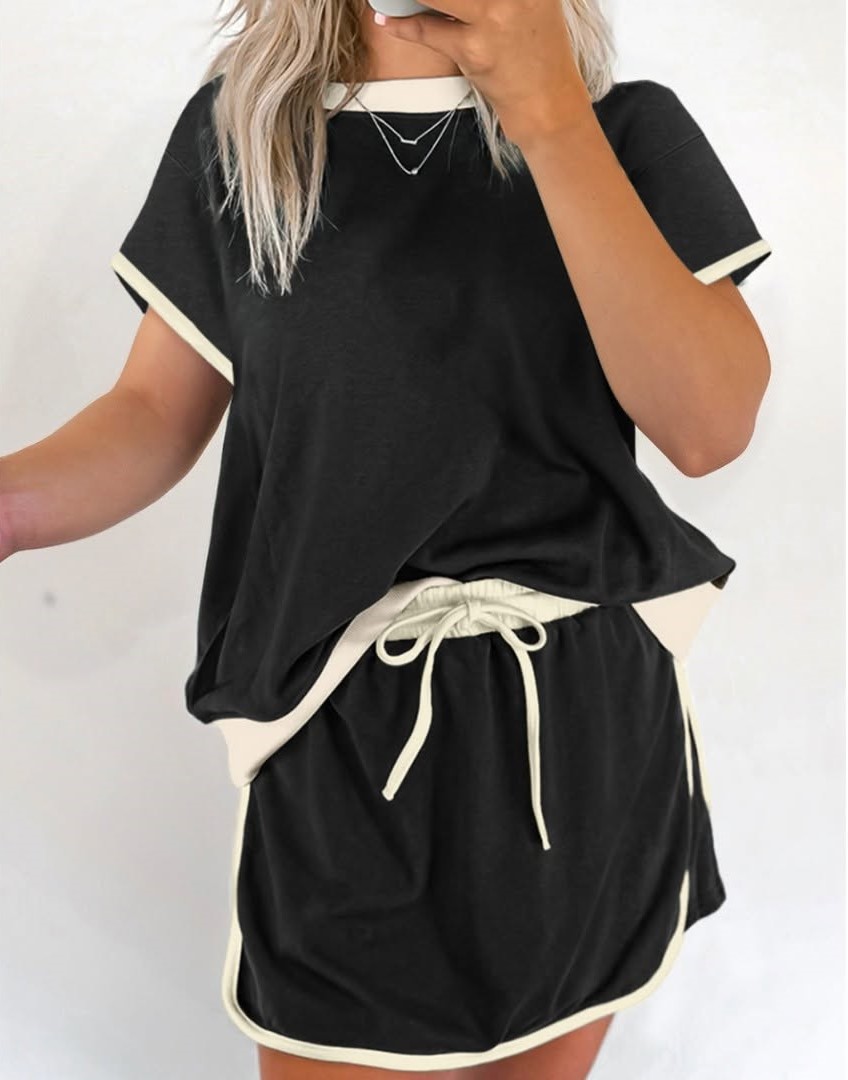 Women's Colorblock Edge Drop Shoulder T Shirt Skort 2Pcs Set