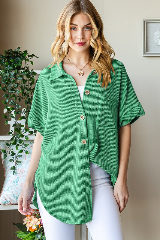 Ribbed Button Down Pocket Shirt Top