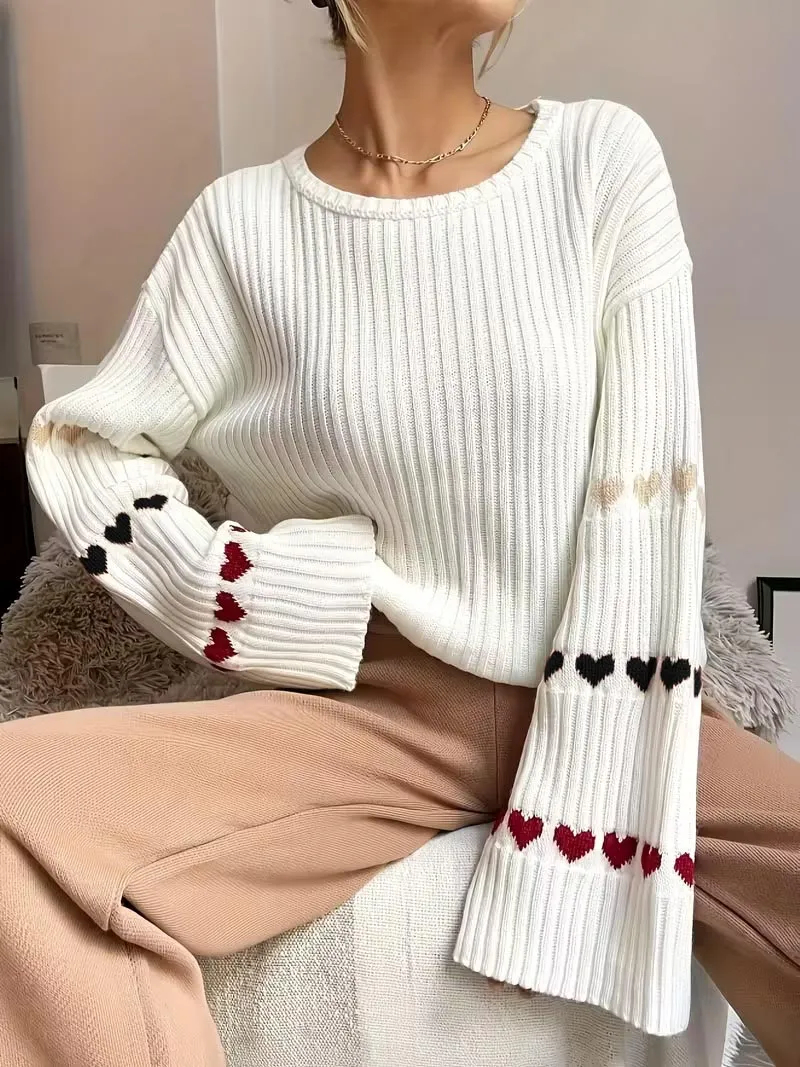 Women's Heart-Shaped Bell Sleeve Knitted Sweater
