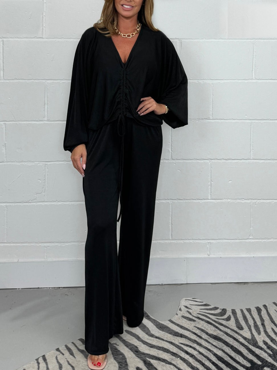 Ruched Drawsting Top & Wide Leg Pants Lounge Set