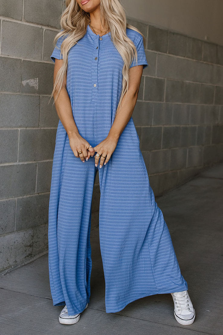 Short Sleeve Button-front Textured Jumpsuit