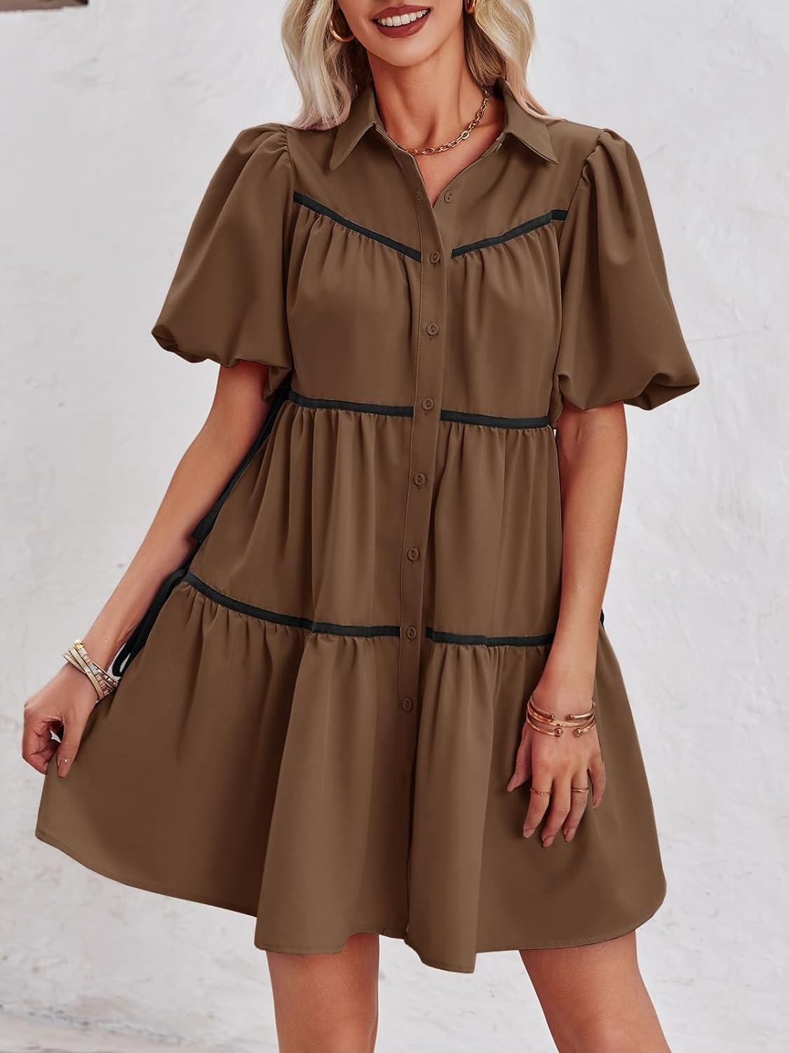 🔥Summer Contrasting Puff Short Sleeve Tiered Mini Dress (Buy 2 Free Shipping)