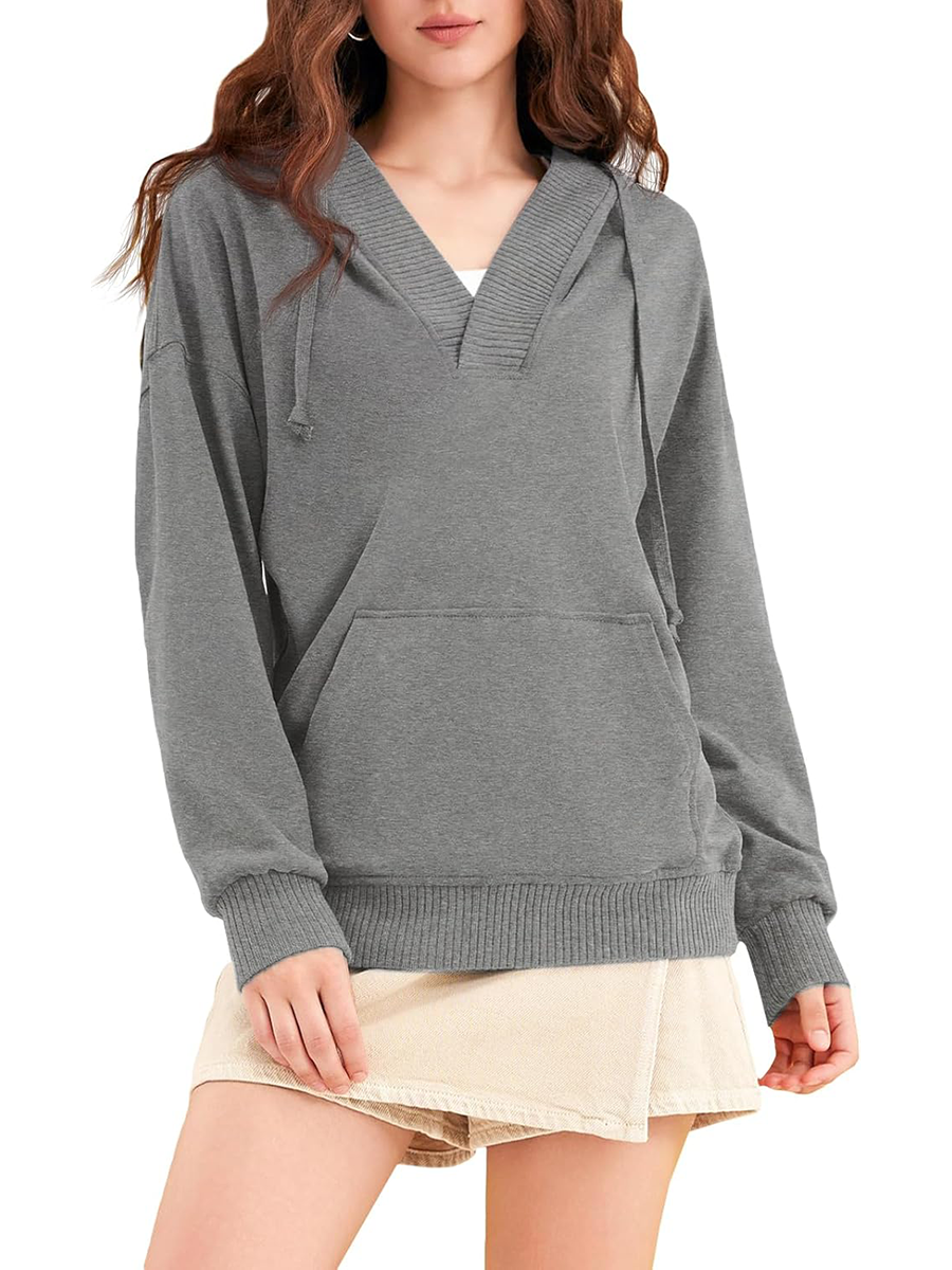 Women‘’s Casual Oversized V Neck Drawsting Hooded Sweatshirts