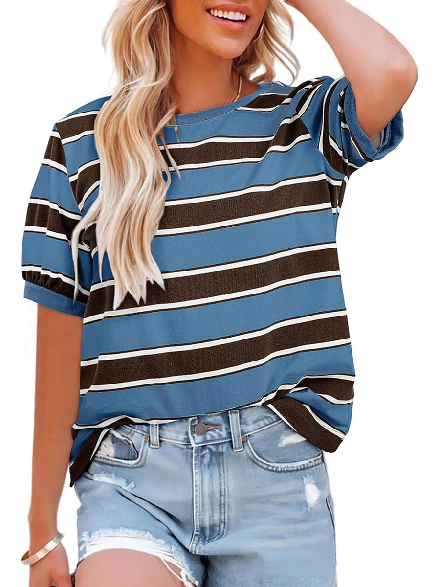 HOT SALE Women's Striped Color Block Short Sleeve T-Shirts Casual Loose Basic Tee