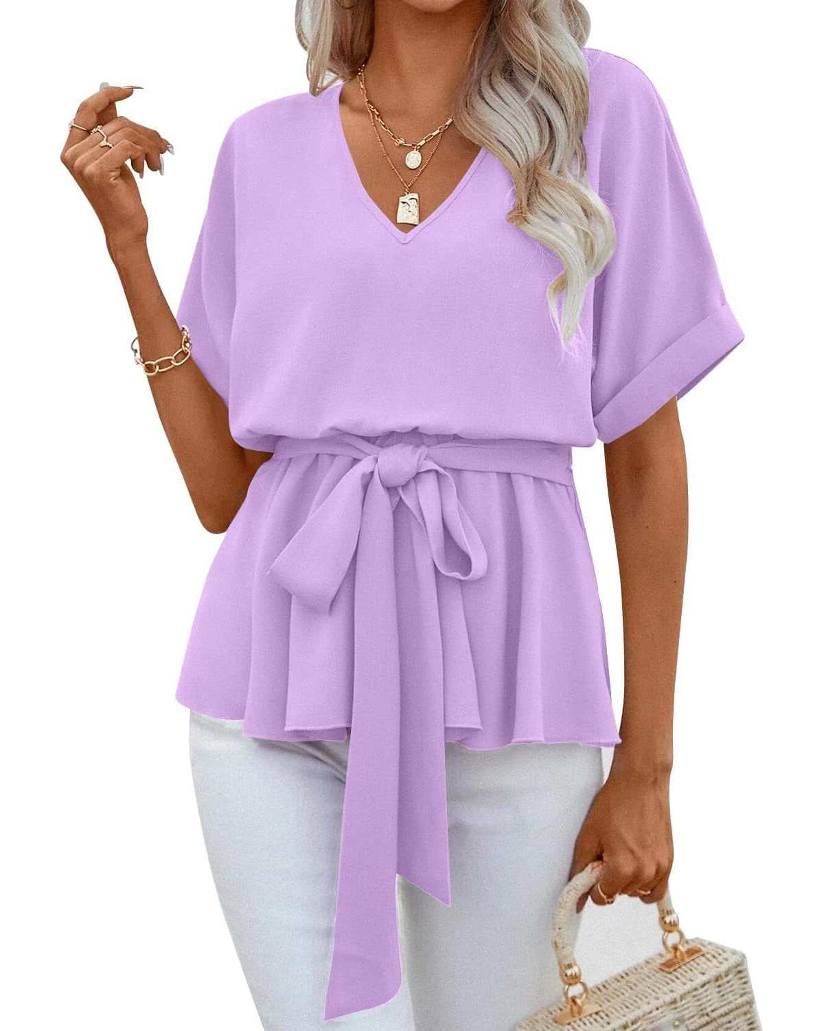 Women's V Neck Belted Ruffle Short Sleeve Blouse Casual T-Shirts