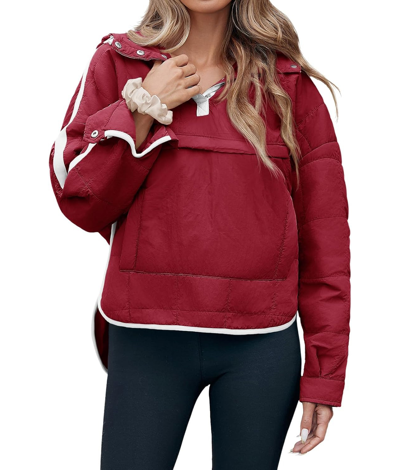 Women's Puffer Quilted Color Block Puffy Pocket Hoodie Jacket