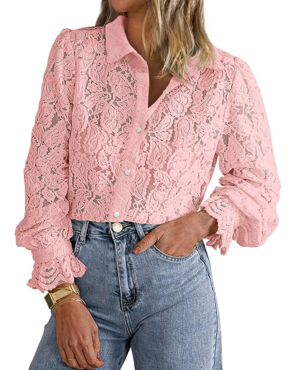 Women's Casual Dressy Lace Button Down Long Sleeve Shirts