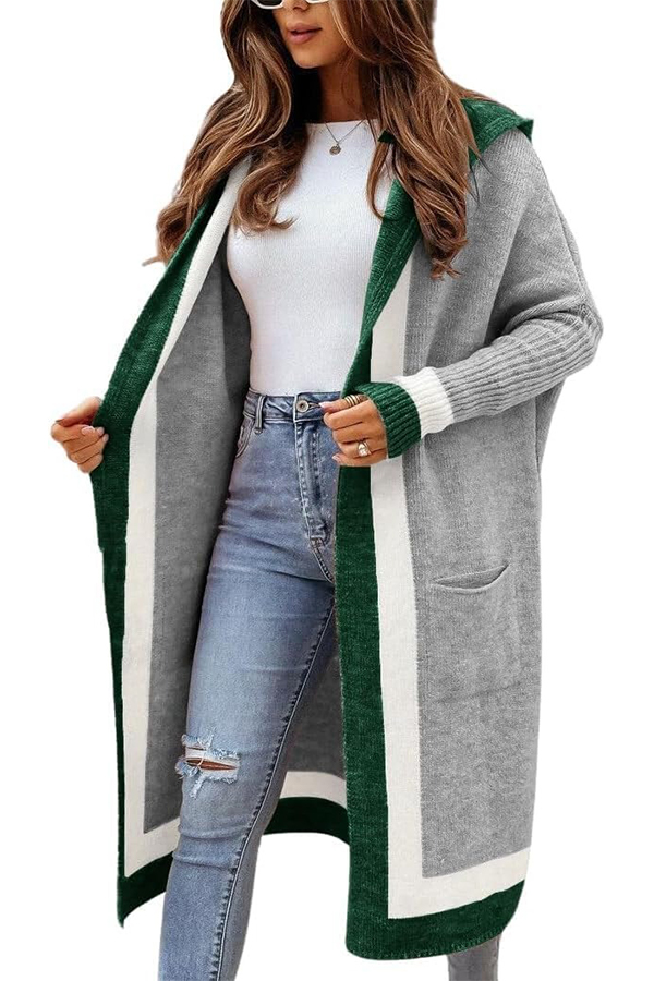 HOT SALE Women's Color Block Striped Open Front Hooded Long Cardigan