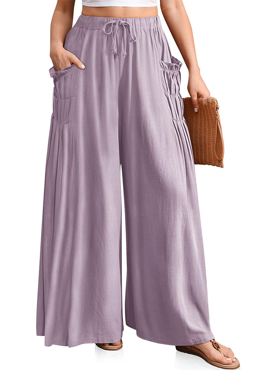 Women's Linen Pleated Drawstring Casual Palazzo Pants