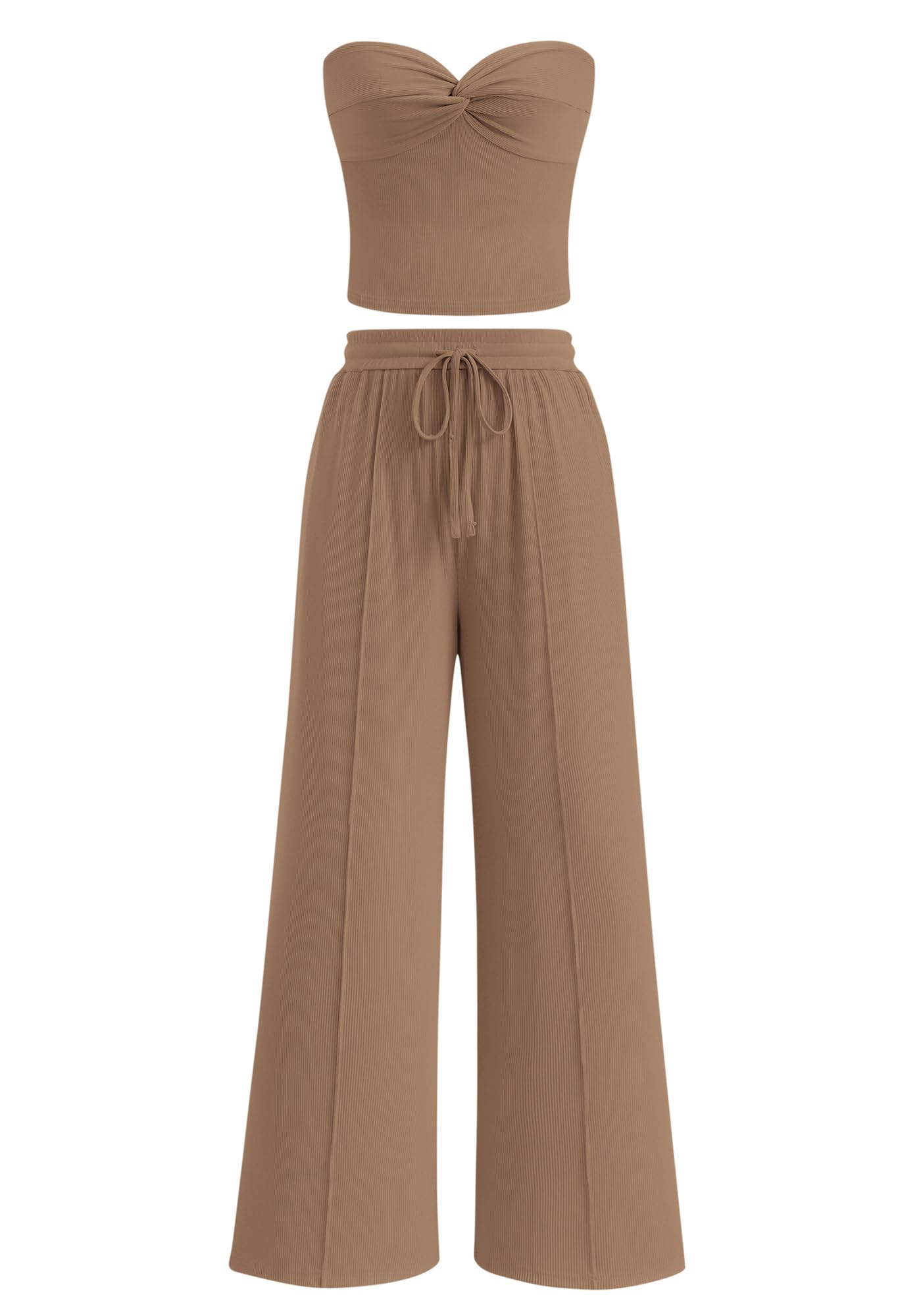 Women's Ribbed Strapless Twist Knot Tube Top Pants Set