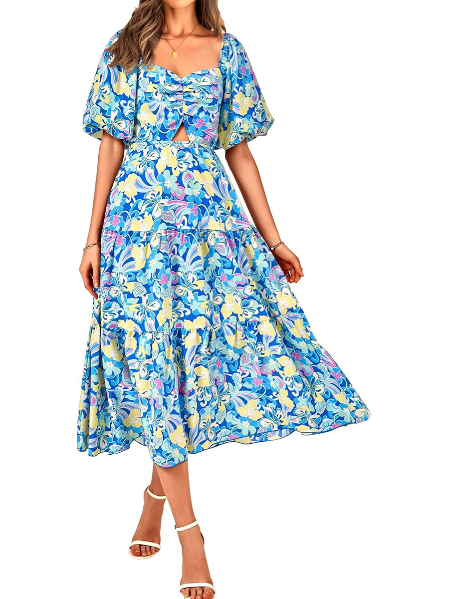 Women's Boho Floral Square Neck Puff Sleeve Cutout Long Maxi Dress