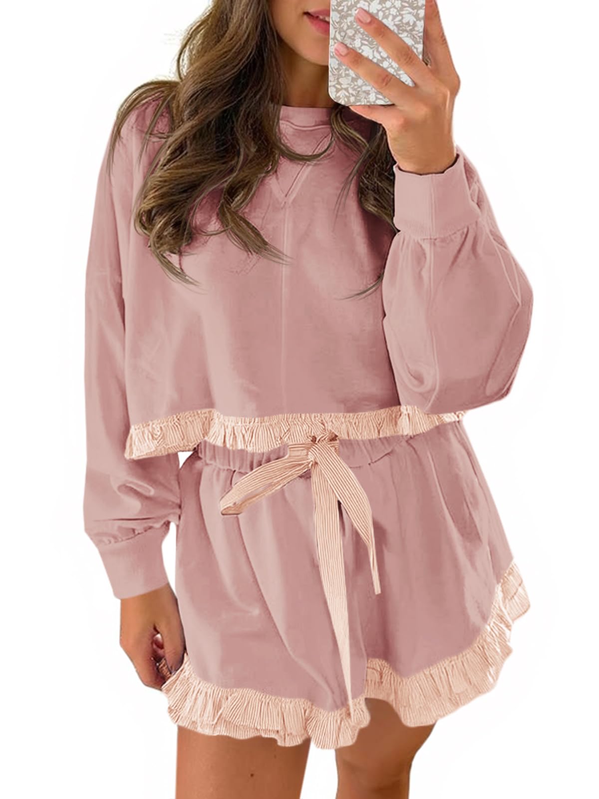 Women's Color Block Ruffled Cropped Sweatshirt and Shorts Two-Piece Set