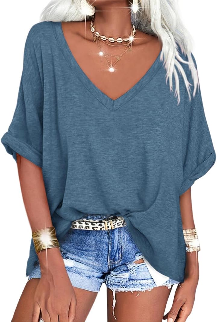 Women's Oversized T Shirts V Neck Short Sleeve Summer Casual Loose Tops Tees