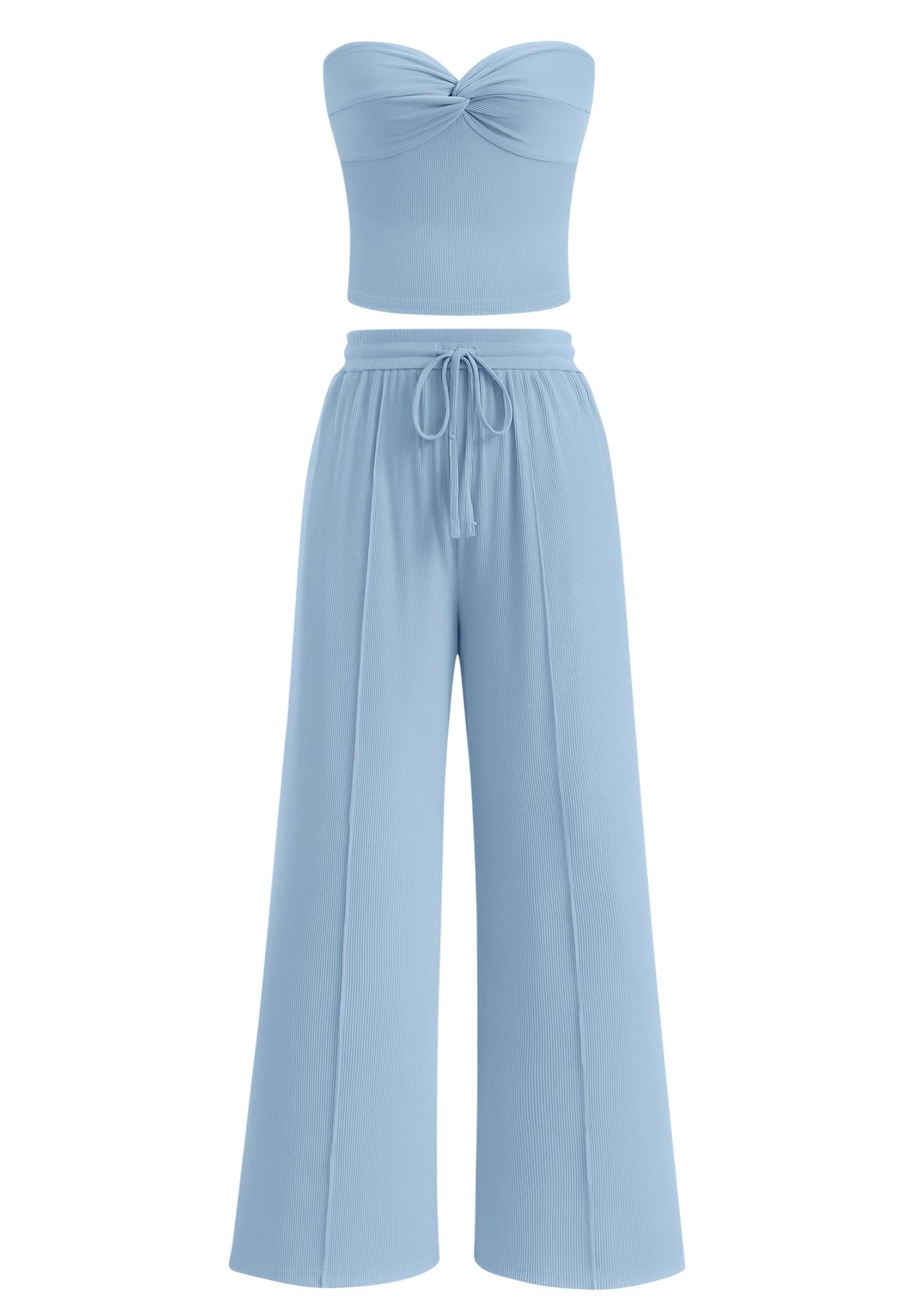 Women's Ribbed Strapless Twist Knot Tube Top Pants Set