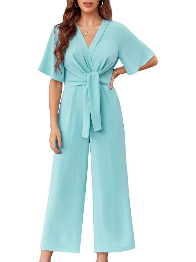 Womens Short Sleeve Tie Knot Front Wide Leg Jumpsuits