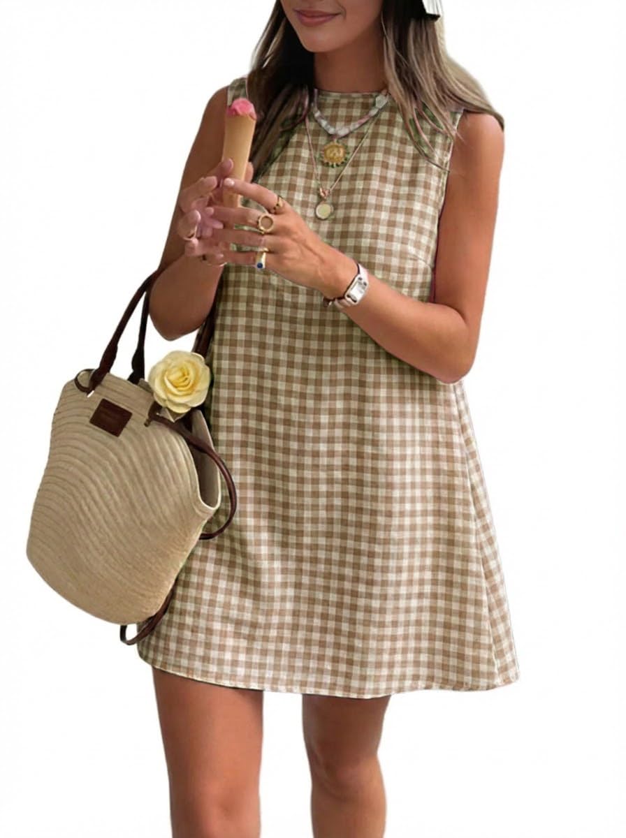 Women's Spring Summer Gingham Sleeveless Mini Dress