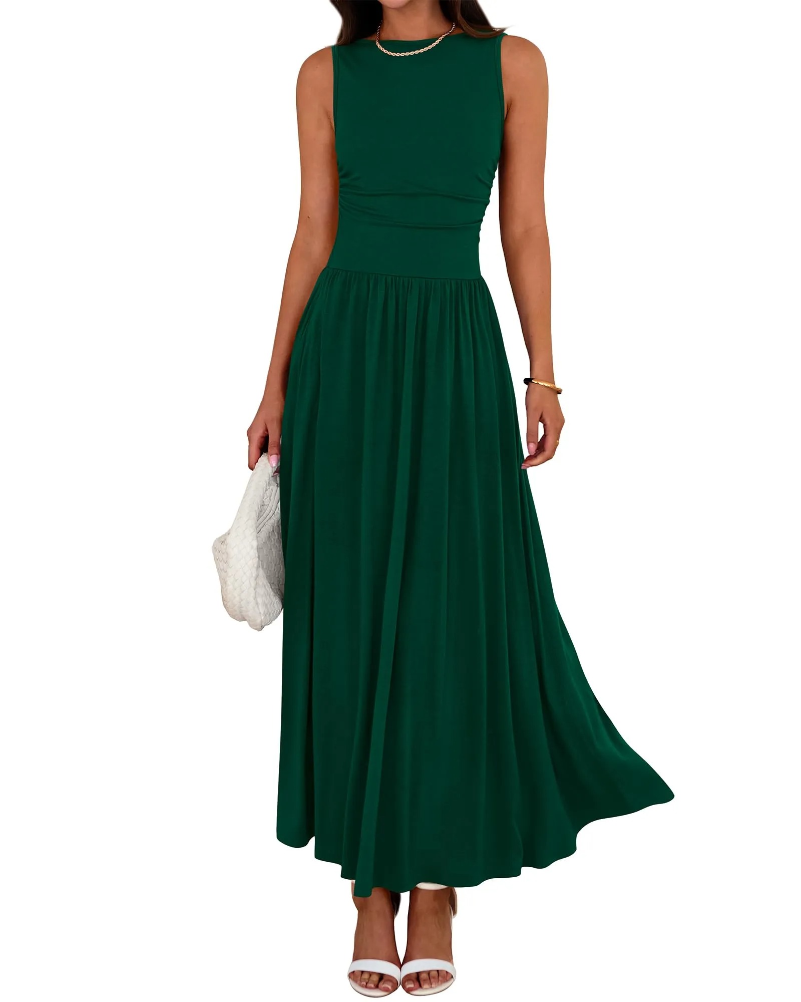 HOT SALE Women's Sleeveless Ruched High Waisted Tank Long Sundress Flowy Beach Dress