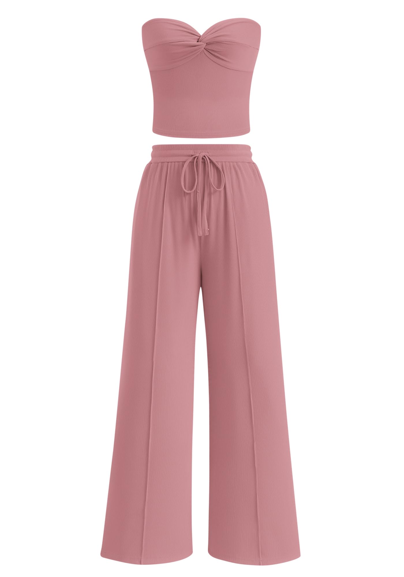 Women's Ribbed Strapless Twist Knot Tube Top Pants Set