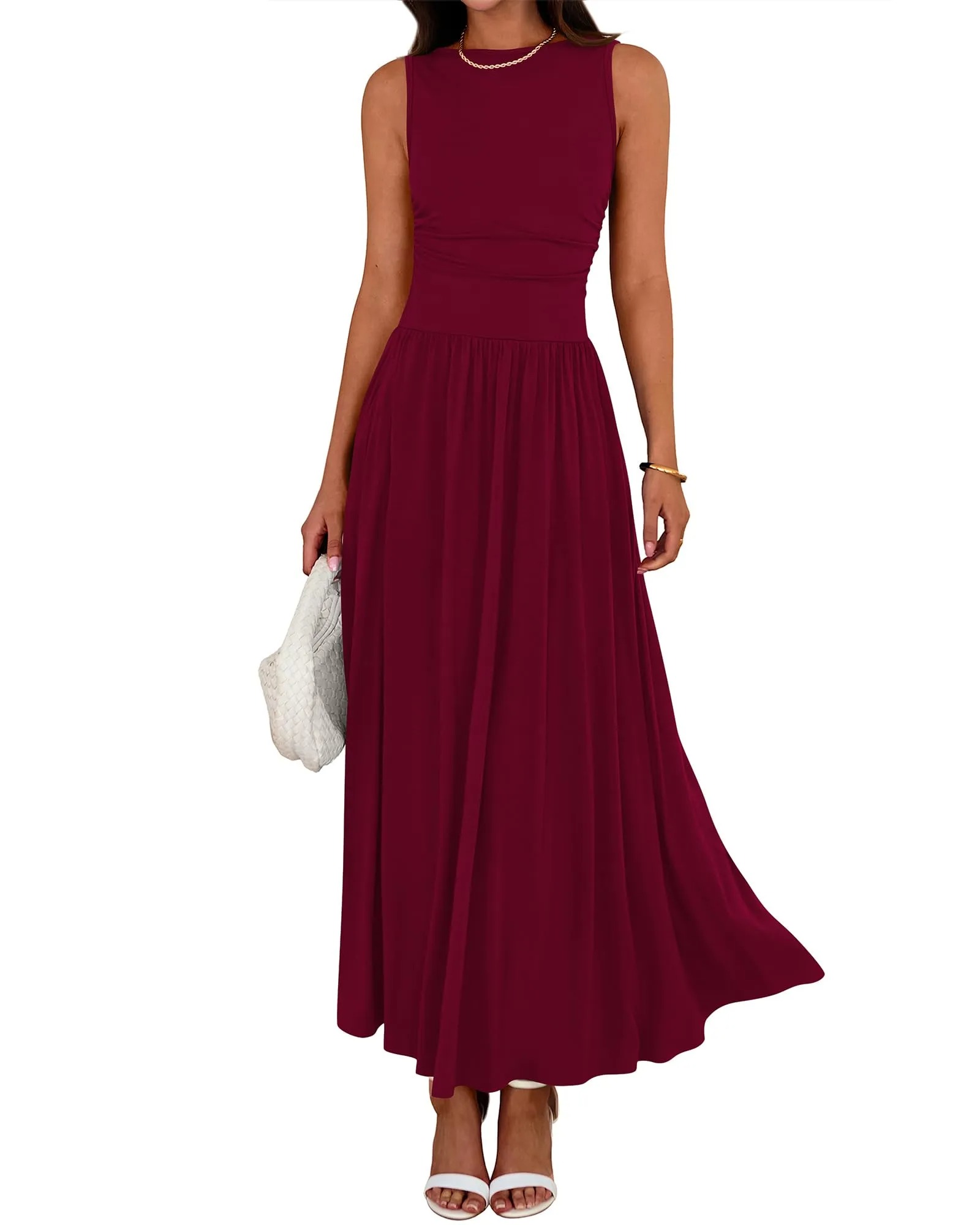 HOT SALE Women's Sleeveless Ruched High Waisted Tank Long Sundress Flowy Beach Dress