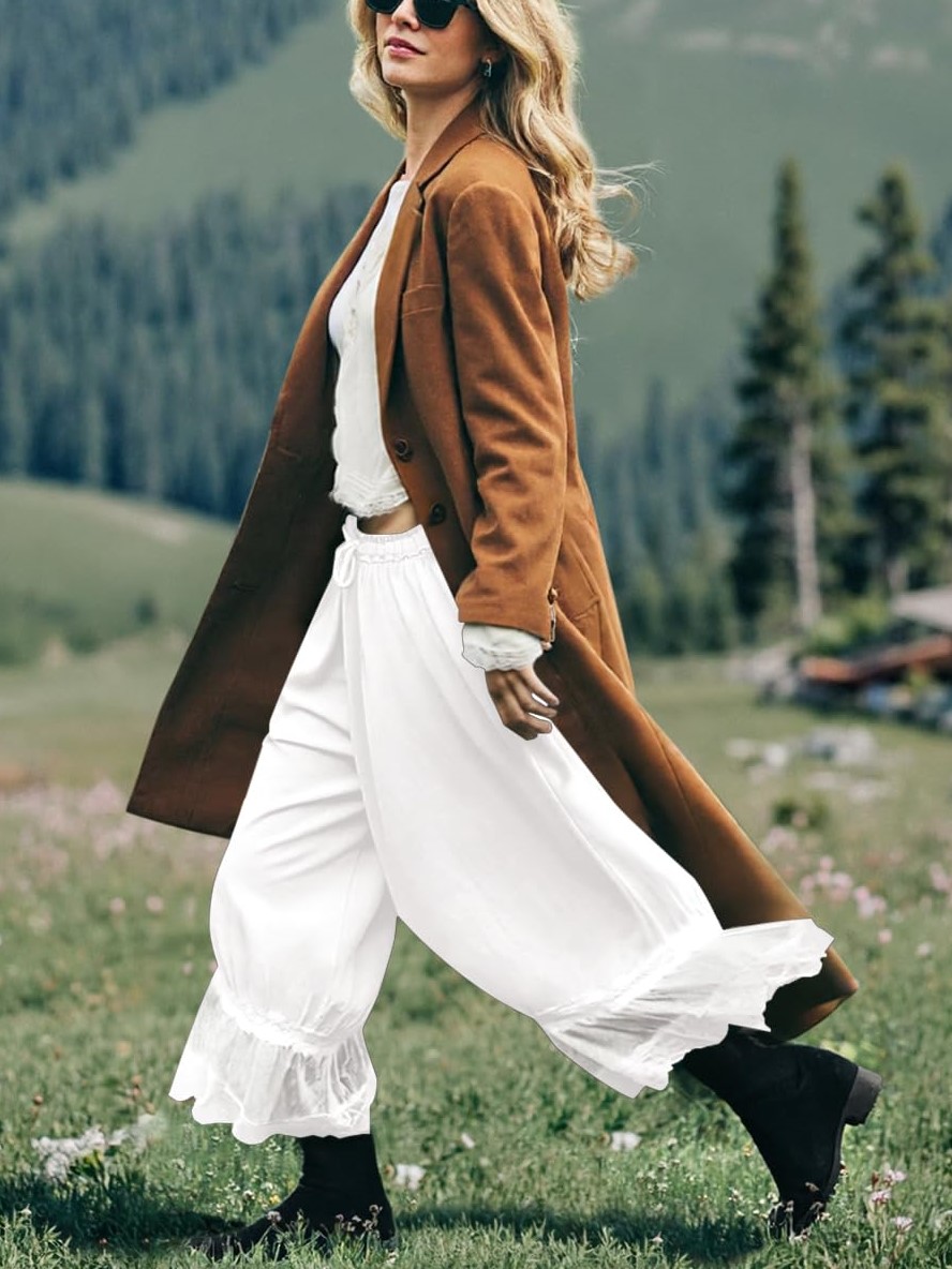 Women's Lace-Trimmed Ruffled Lantern Pants, Cropped Wide Leg Pants