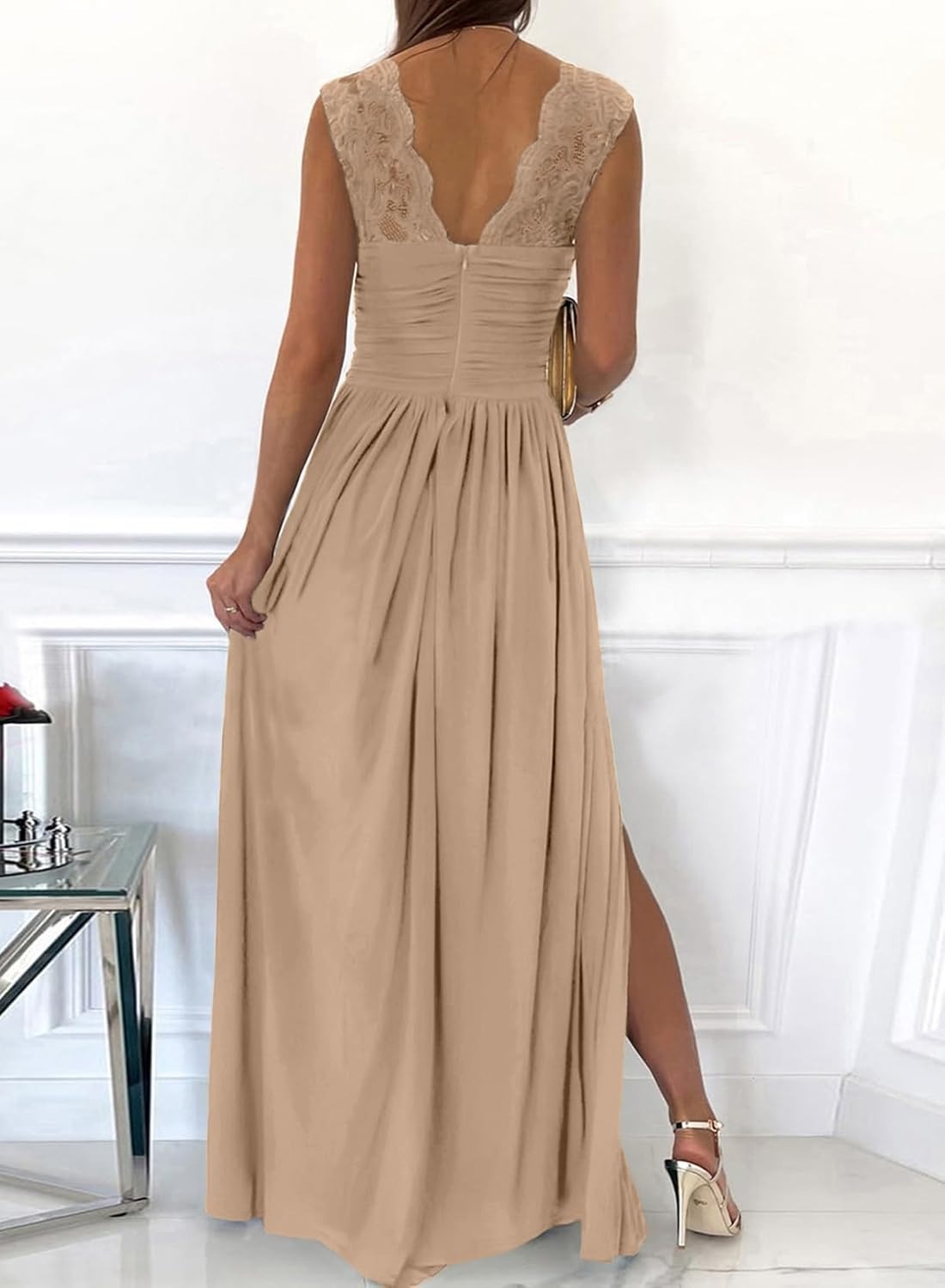 Women's Wrap V-Neck Lace Strap Ruched Sexy Maxi Dress