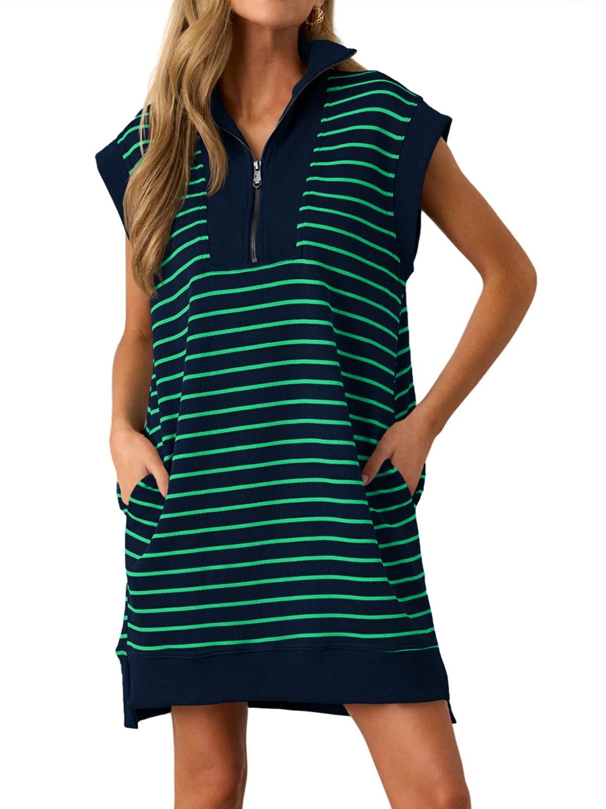 HOT SALE Women's Striped Knit Cap Sleeve Half-Zip Mini Dress