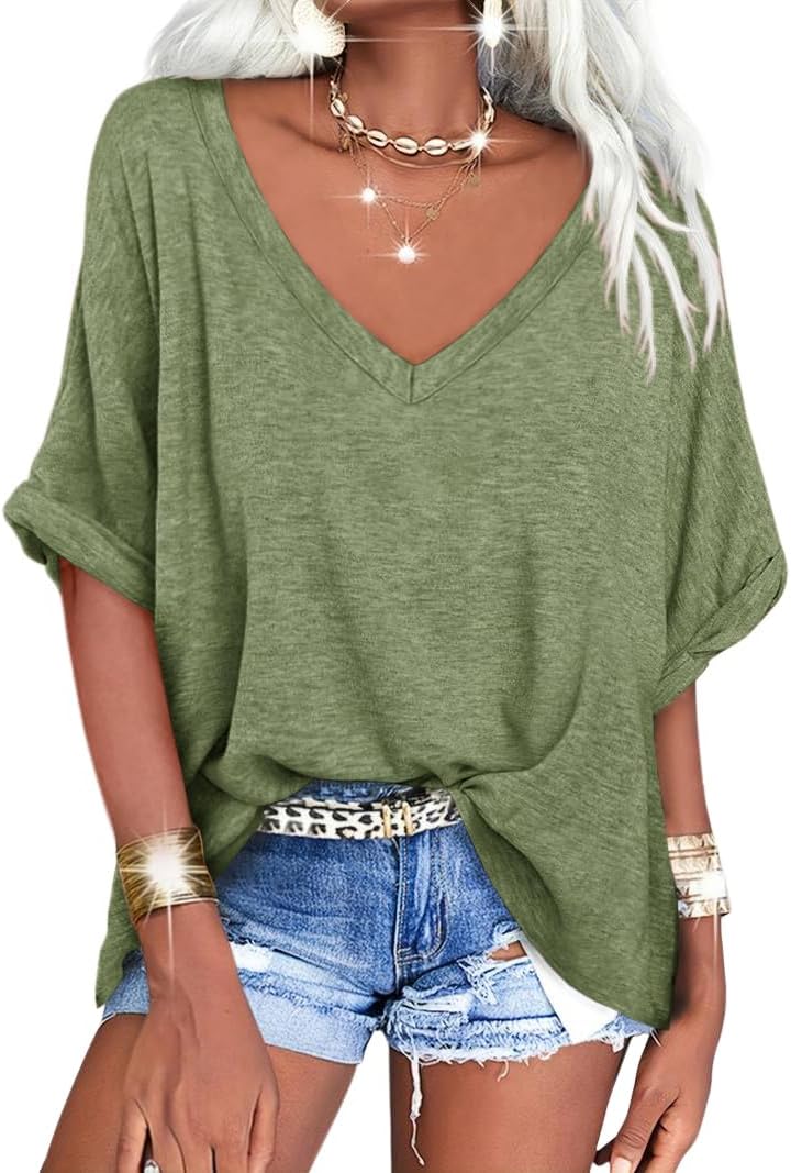 Women's Oversized T Shirts V Neck Short Sleeve Summer Casual Loose Tops Tees