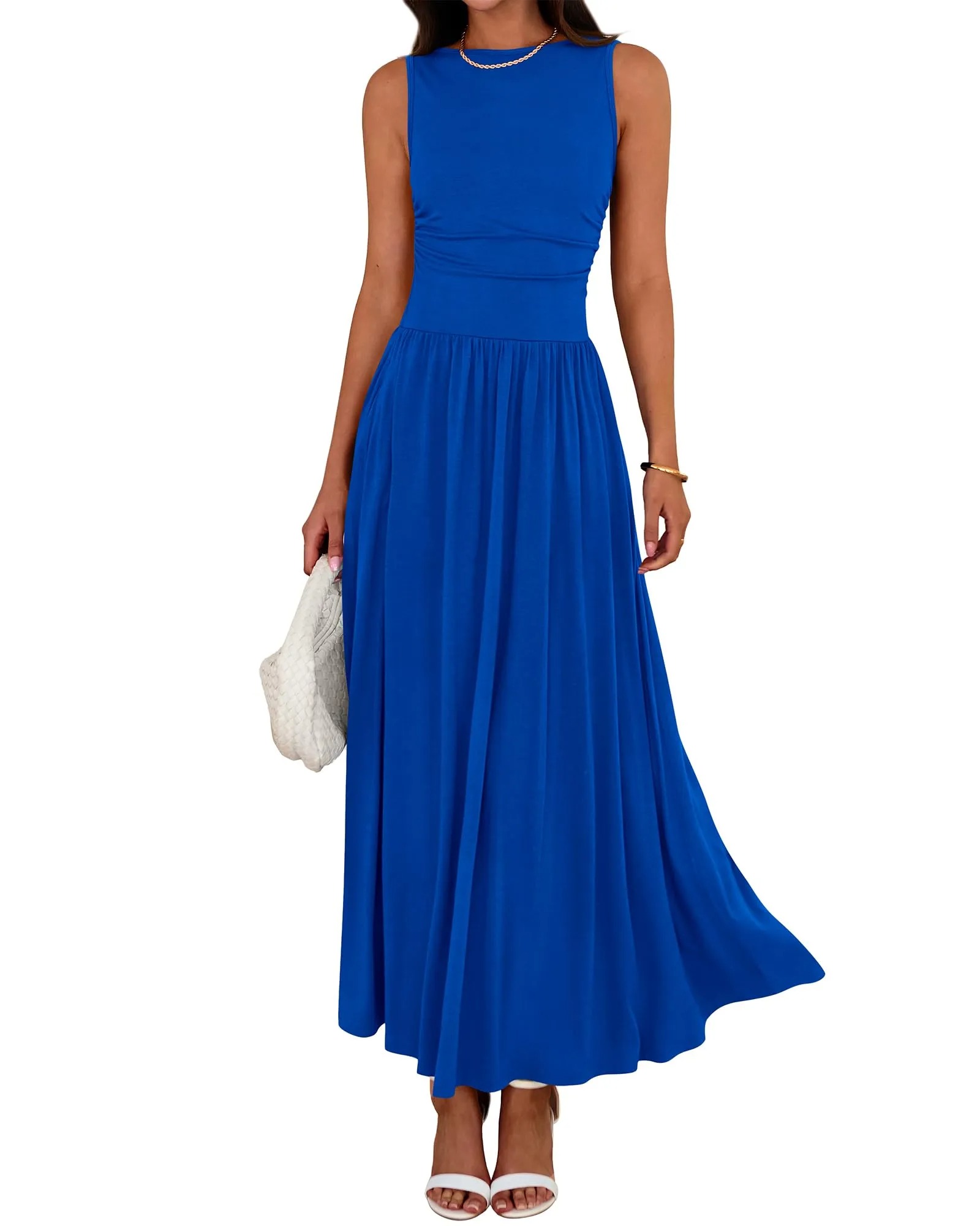 HOT SALE Women's Sleeveless Ruched High Waisted Tank Long Sundress Flowy Beach Dress