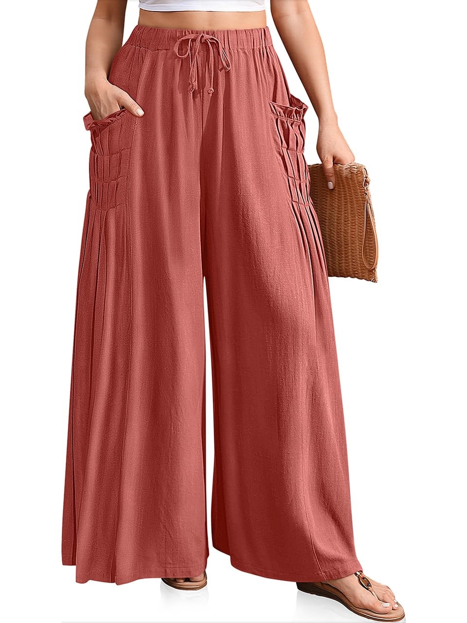Women's Linen Pleated Drawstring Casual Palazzo Pants