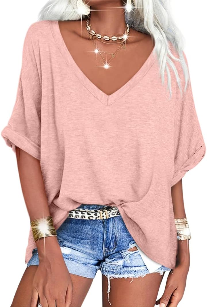 Women's Oversized T Shirts V Neck Short Sleeve Summer Casual Loose Tops Tees