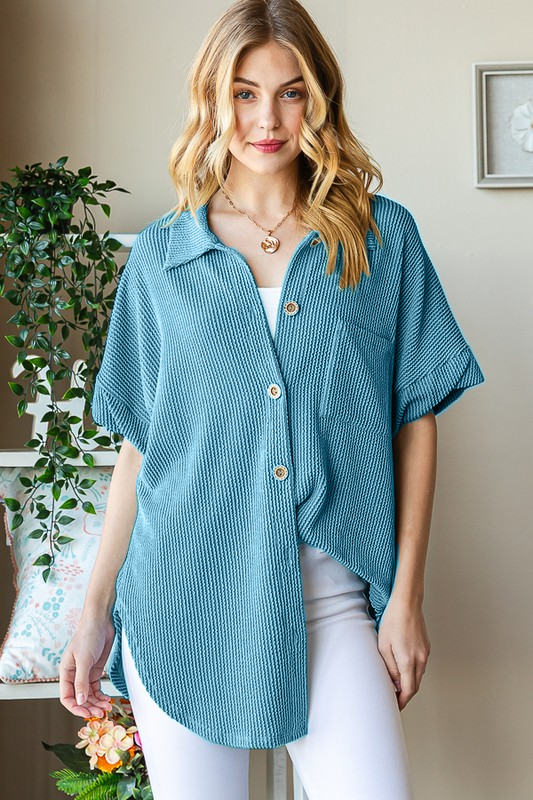 Ribbed Button Down Pocket Shirt Top