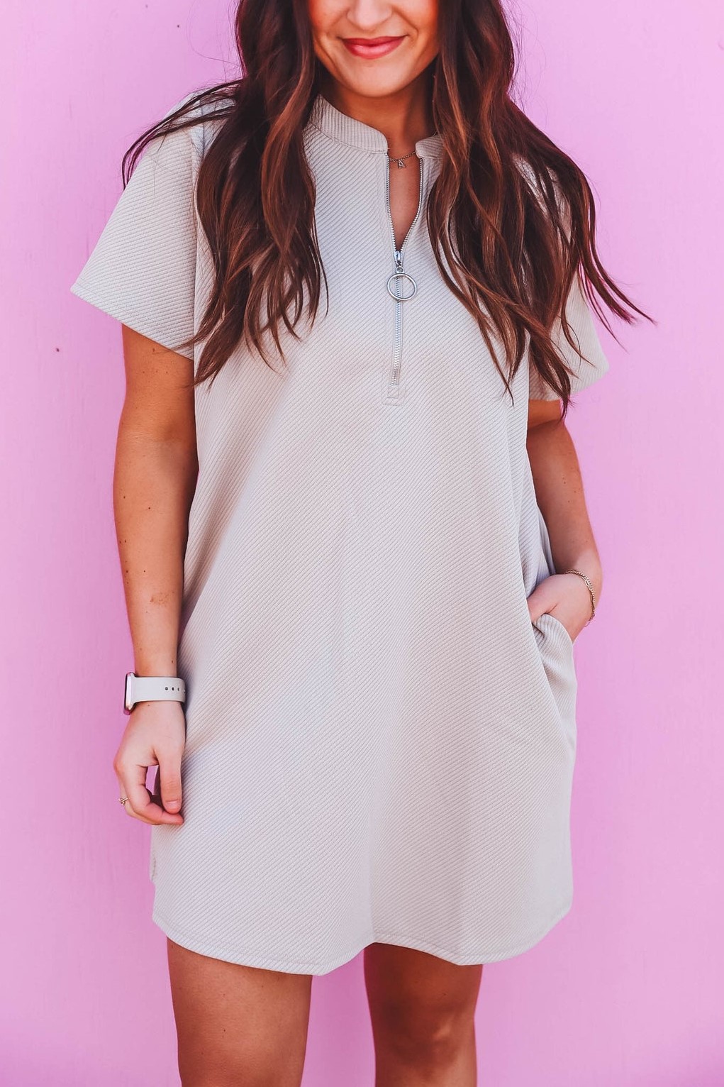 HOT SALE Half Zip Short Sleeve Pocket Mini Dress