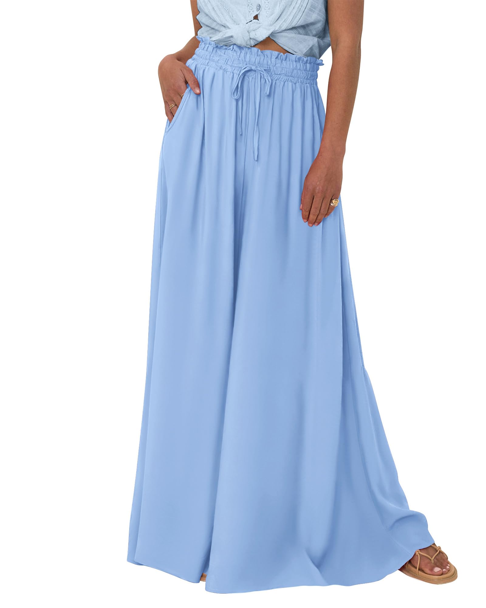 Women Casual Floral Solid High Waist Wide Leg  Pants