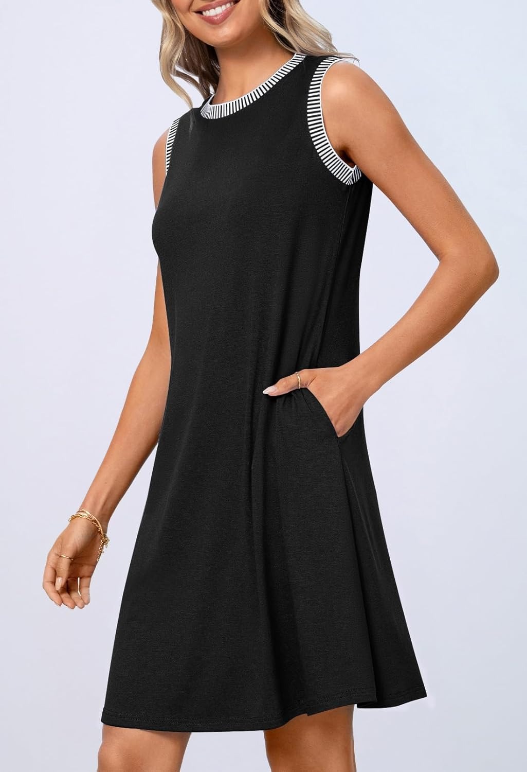 Women's Casual Crewneck Striped Trim Sleeveless Tank Mini Dress