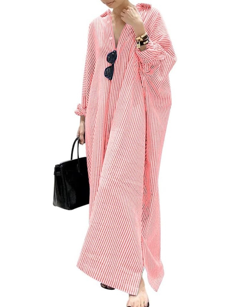 Women's Casual Button Down Loose Striped Cotton Maxi Shirt Dress