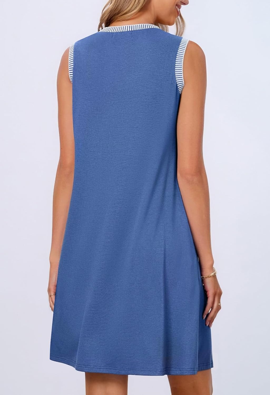 Women's Casual Crewneck Striped Trim Sleeveless Tank Mini Dress