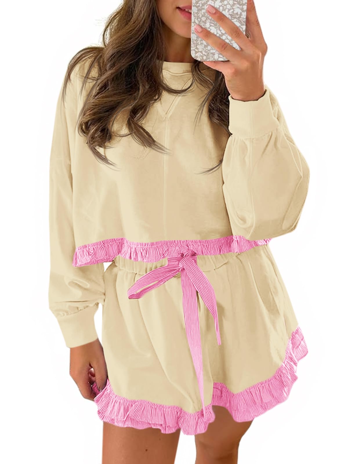 Women's Color Block Ruffled Cropped Sweatshirt and Shorts Two-Piece Set