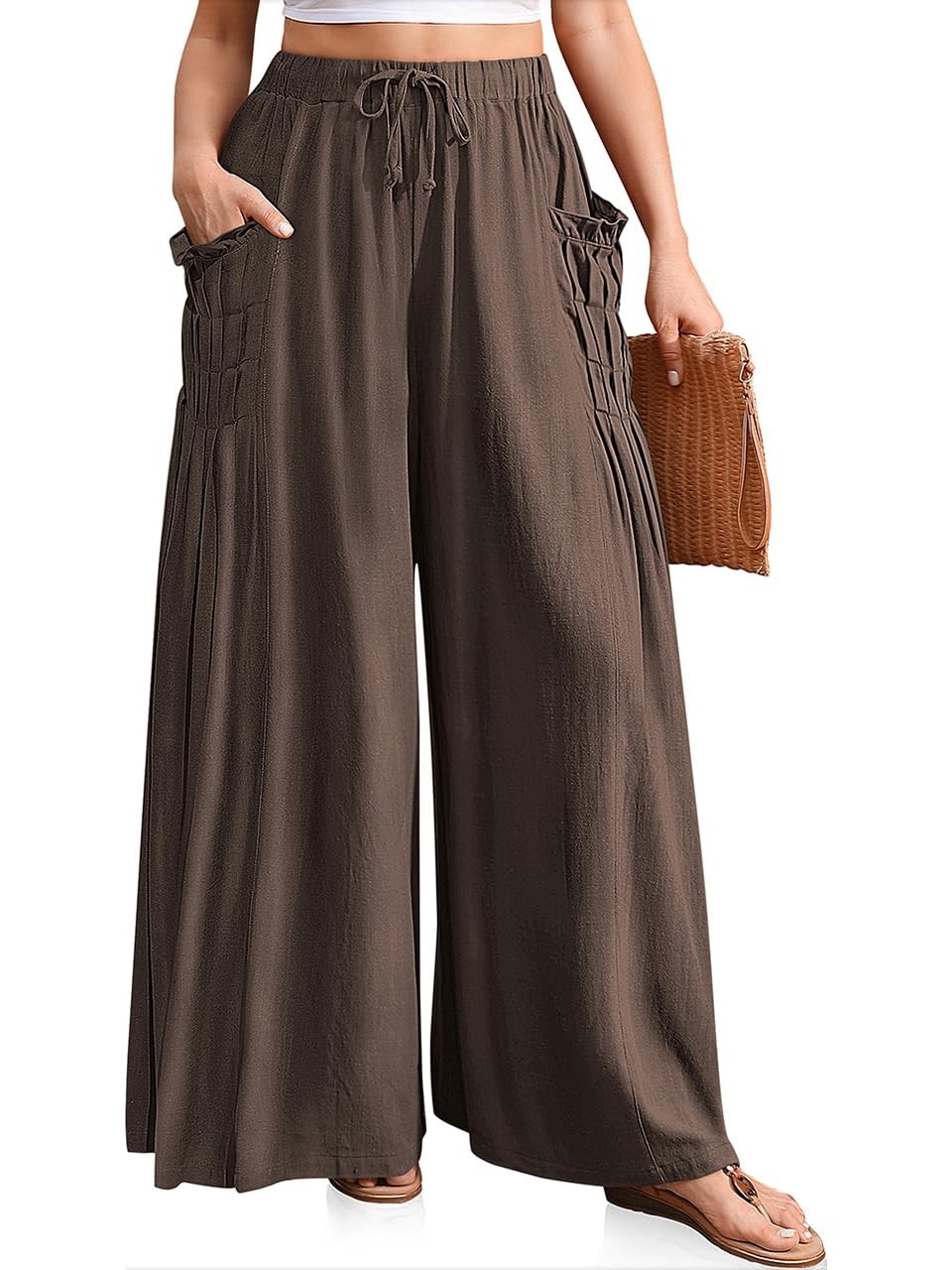 Women's Linen Pleated Drawstring Casual Palazzo Pants