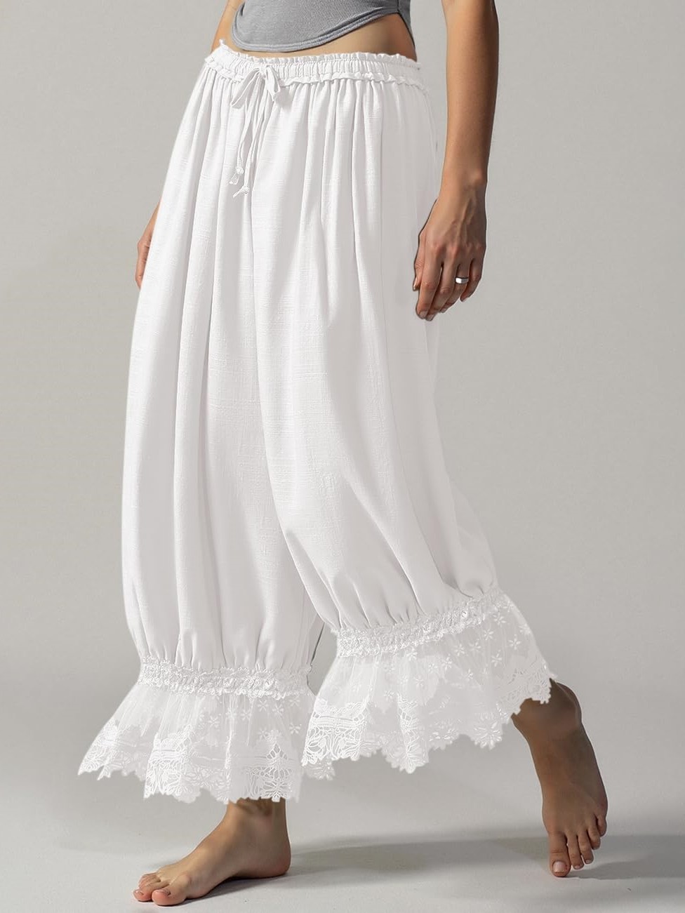 Women's Lace-Trimmed Ruffled Lantern Pants, Cropped Wide Leg Pants