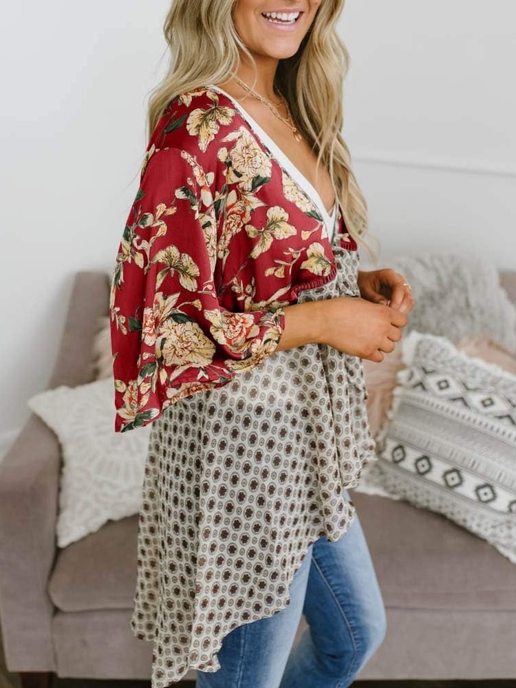 Women's Floral Kimono 3/4 Ruffle Sleeve Tie Cardigans Flowy Boho Loose Cover Ups