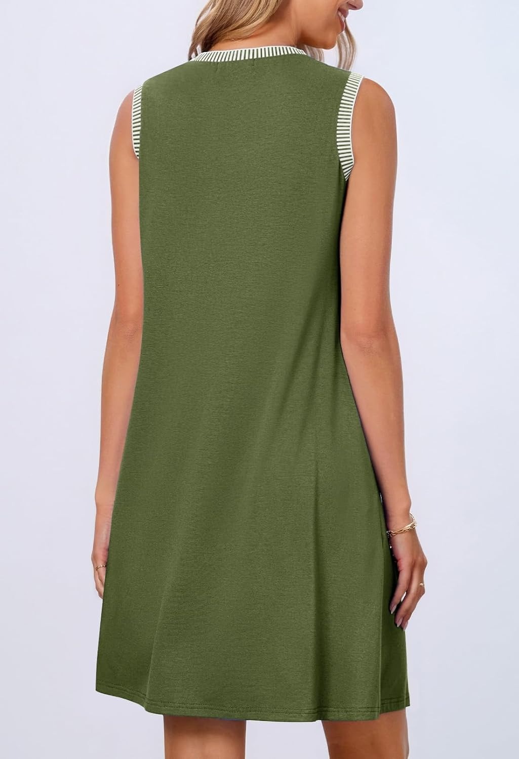 Women's Casual Crewneck Striped Trim Sleeveless Tank Mini Dress