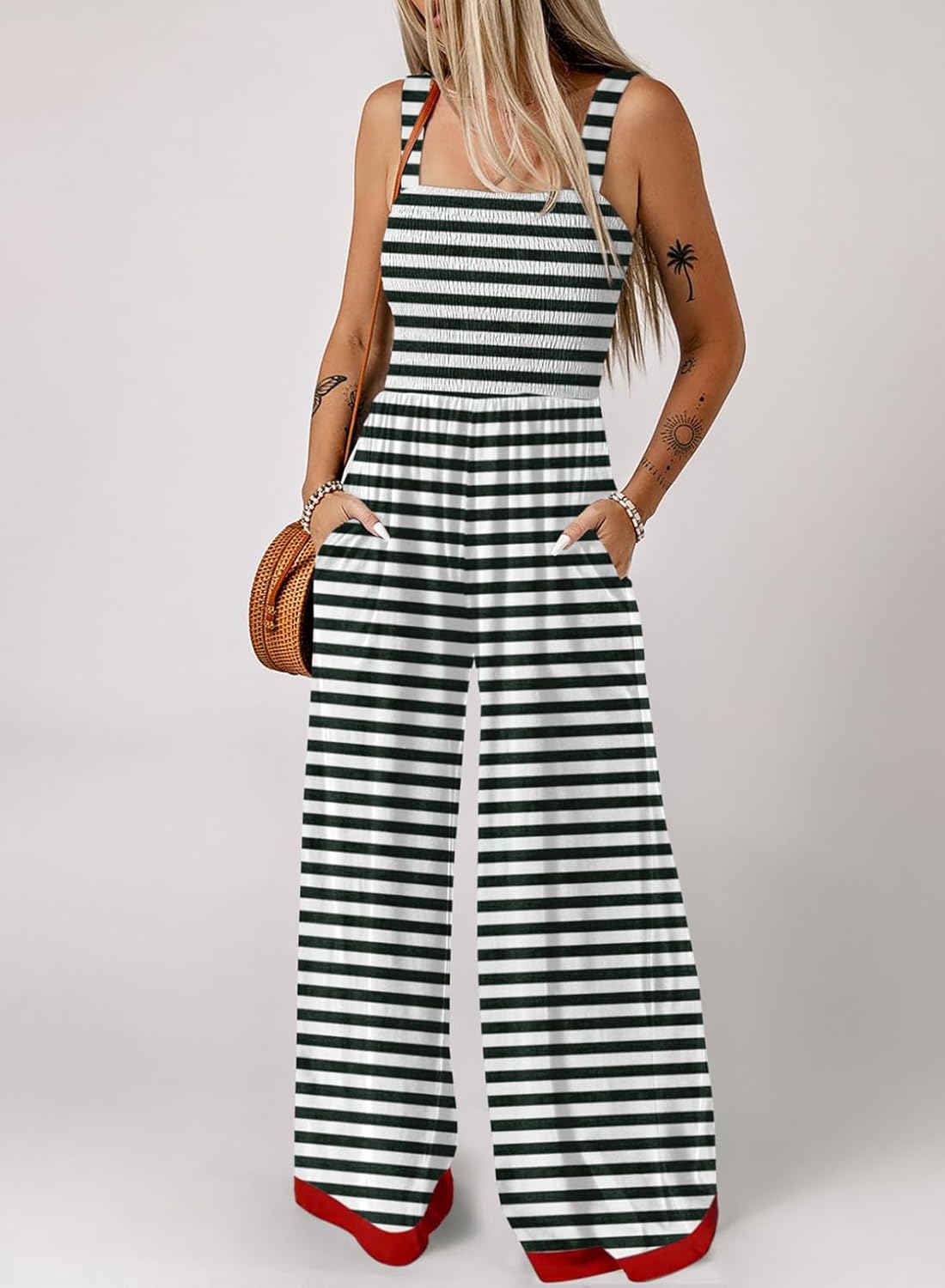 Women's Casual Striped Square Neck Sleeveless Long Pant Rompers with Pockets