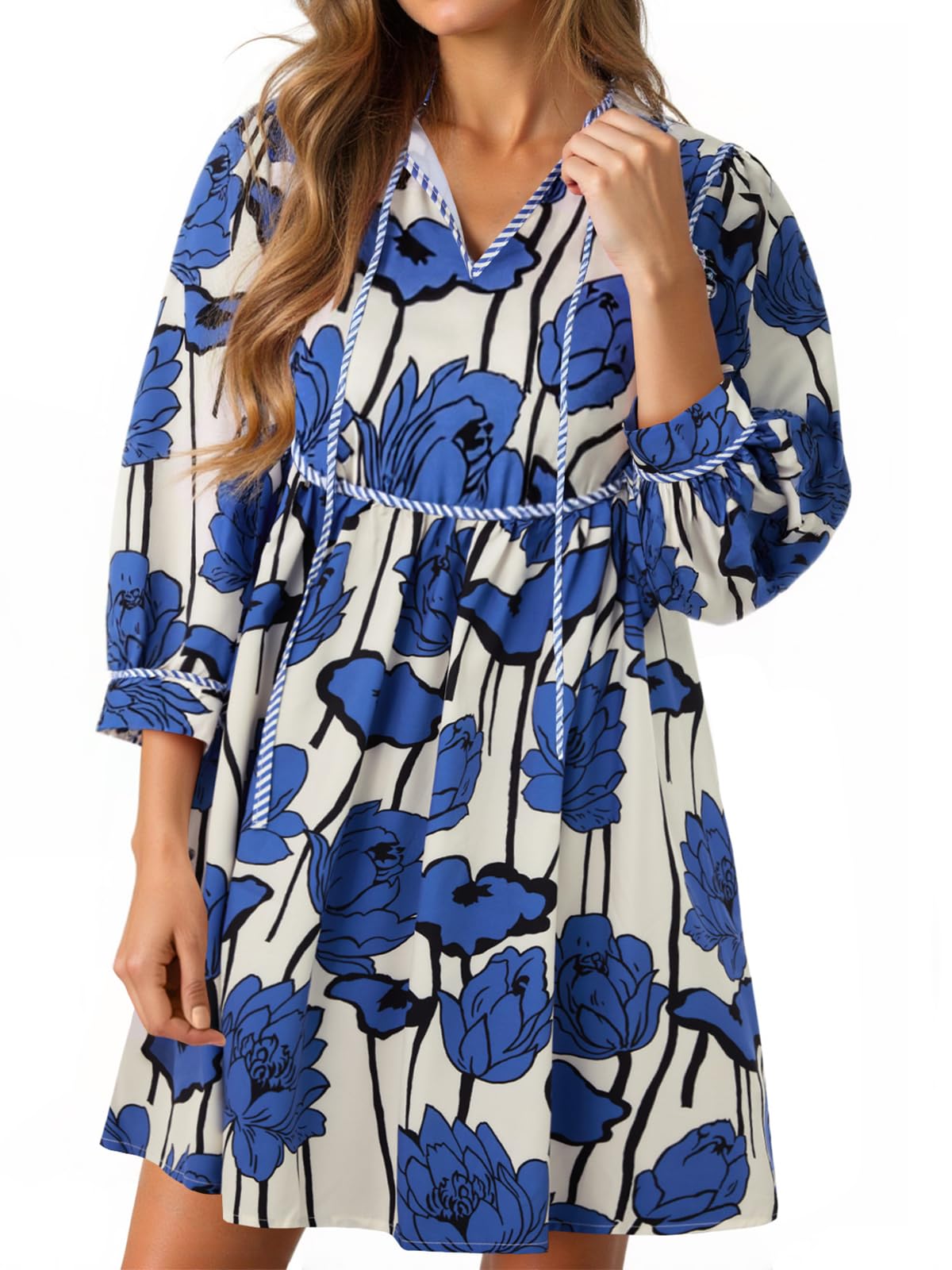 Women's Floral 3/4 Balloon Sleeve V Neck Flowy Babydoll Dress