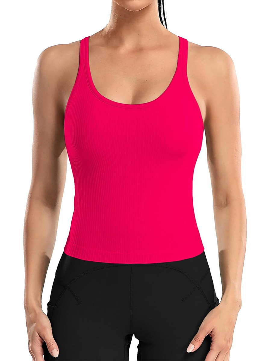 Women's Ribbed Workout Crop Racerback Tank Tops with Built in Bra